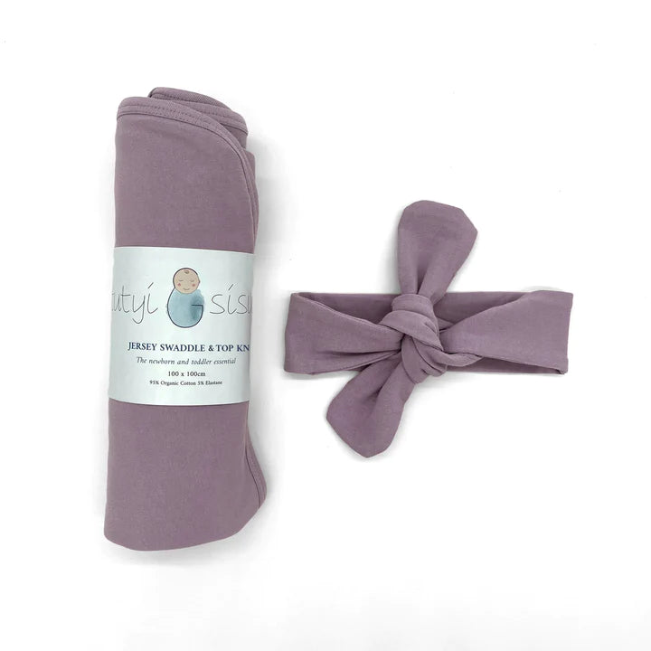 Organic Jersey Swaddle + Topknot Set Amethyst