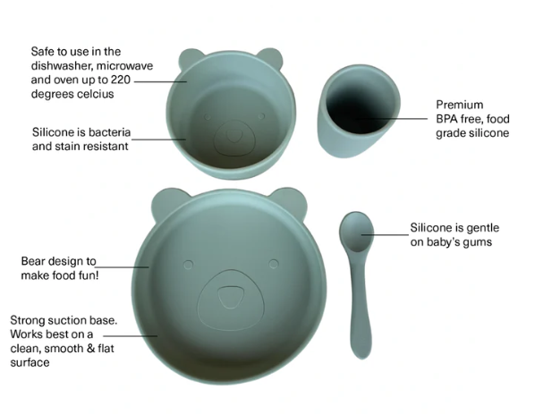 Bear Silicone Suction Dinner Wear Set 4 Piece - Sage