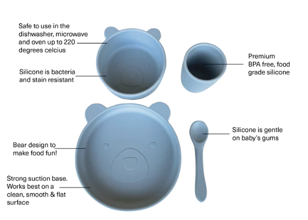 Bear Silicone Suction Dinner Wear Set 4 Piece - Sky