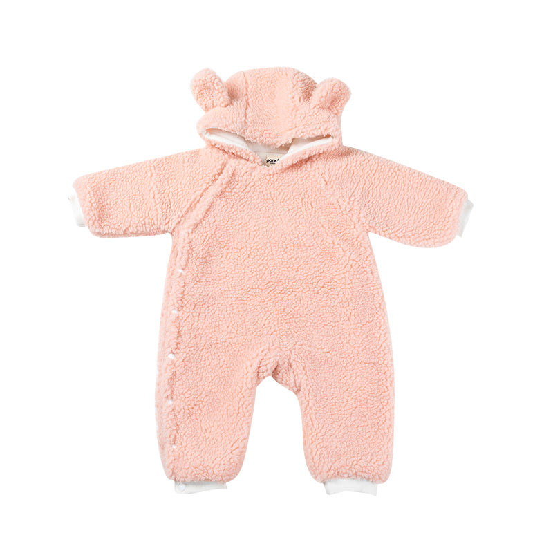 Teddy Bear Fluffy Button Baby Pramsuit - Strawberry Milk