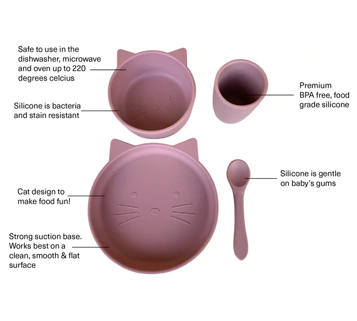 Cat Silicone Suction Dinner Wear Set 4 Piece - Dusty Rose