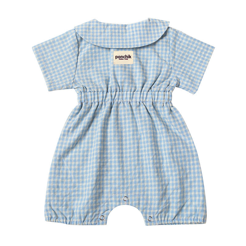 Collared Button Cotton Sleeved Romper - Baby Blue Gingham