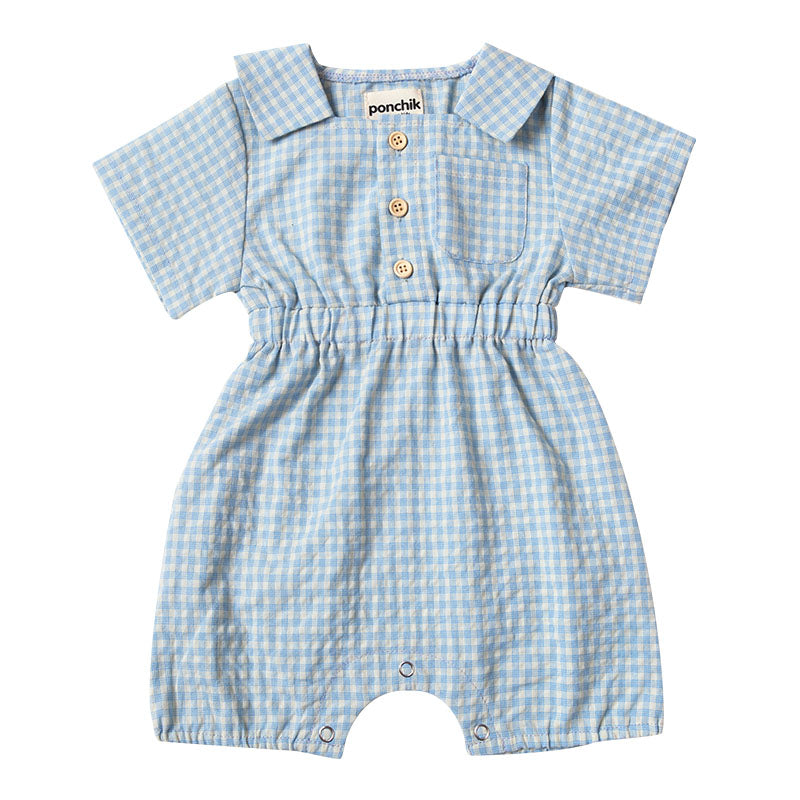Collared Button Cotton Sleeved Romper - Baby Blue Gingham
