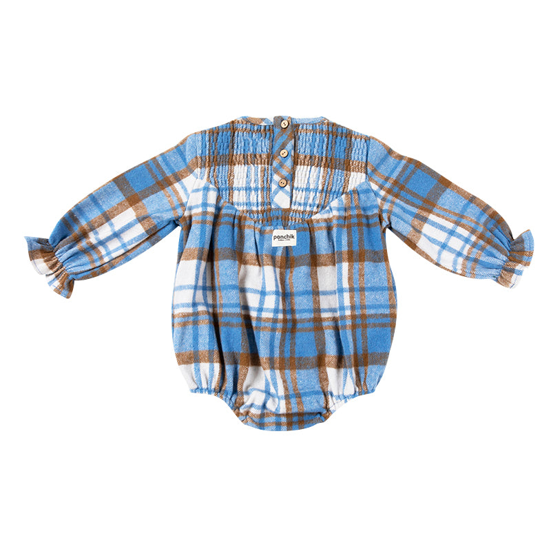 Shirred Bubble Baby Romper with Frill Sleeve - Blueberry Plaid