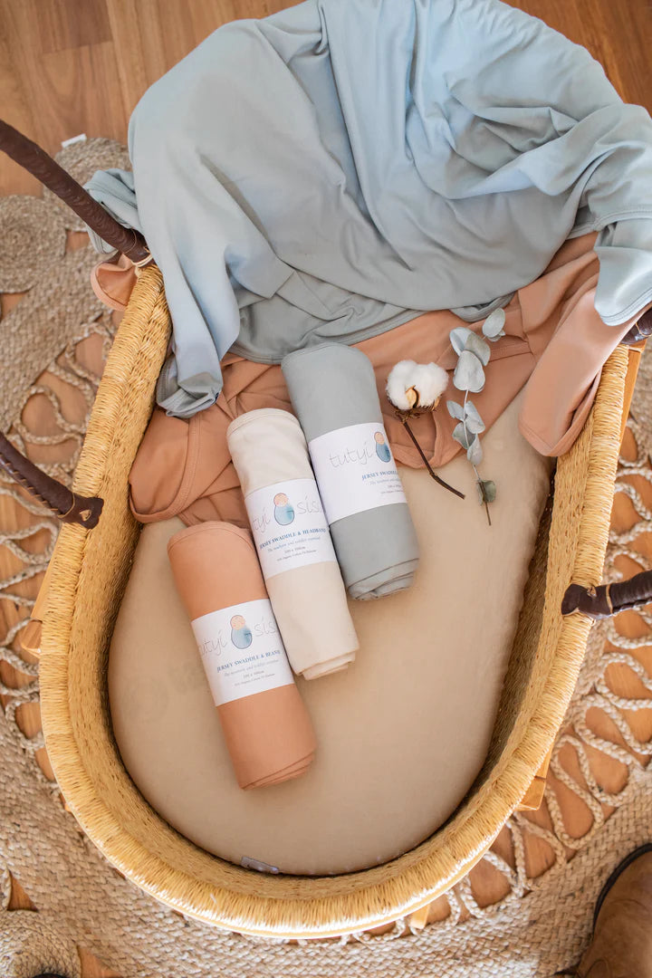 Organic Jersey Swaddle + Beanie or Topknot Set Sand