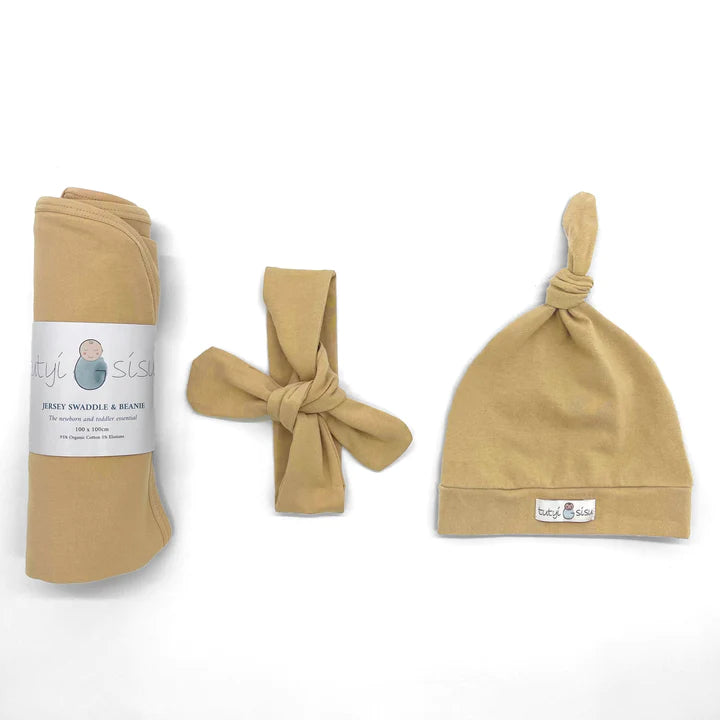 Organic Jersey Swaddle + Beanie or Topknot Set Tumeric