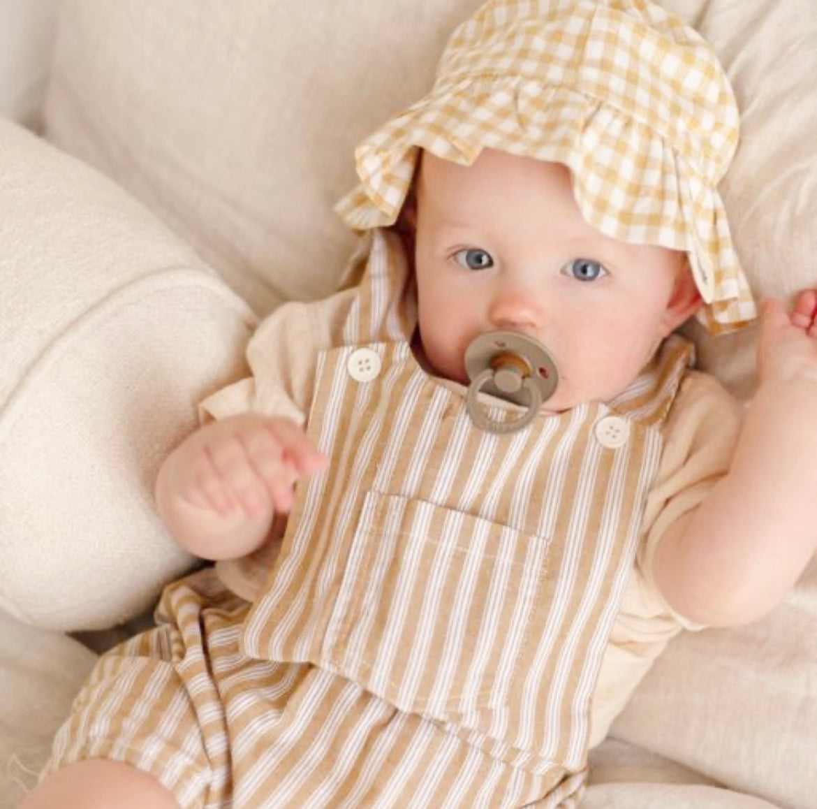Cotton Pinafore Overalls - Wheat Stripe