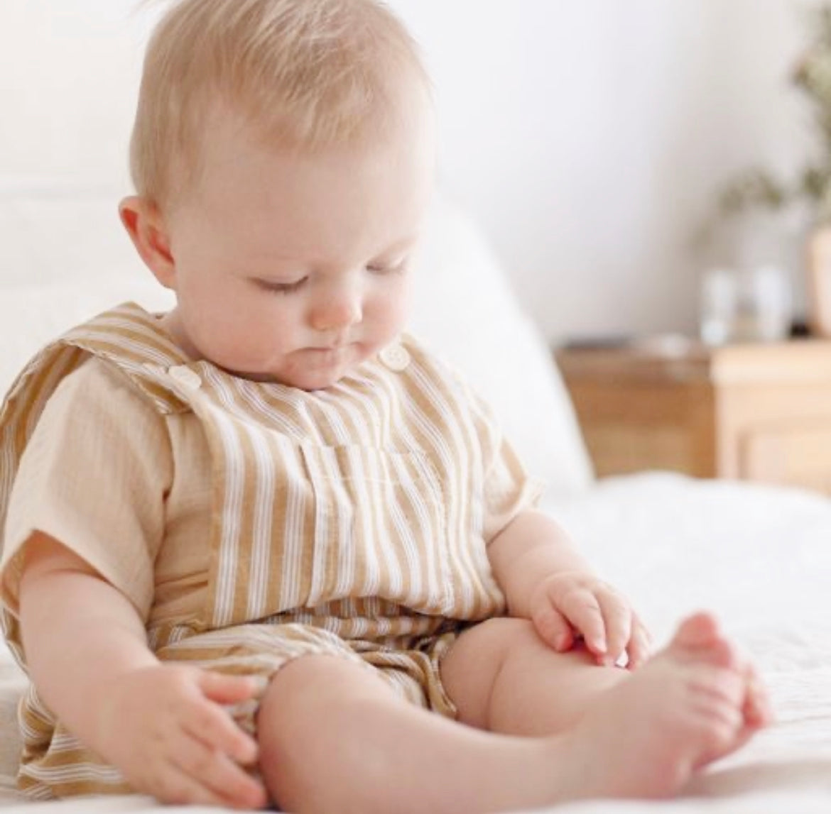 Cotton Pinafore Overalls - Wheat Stripe