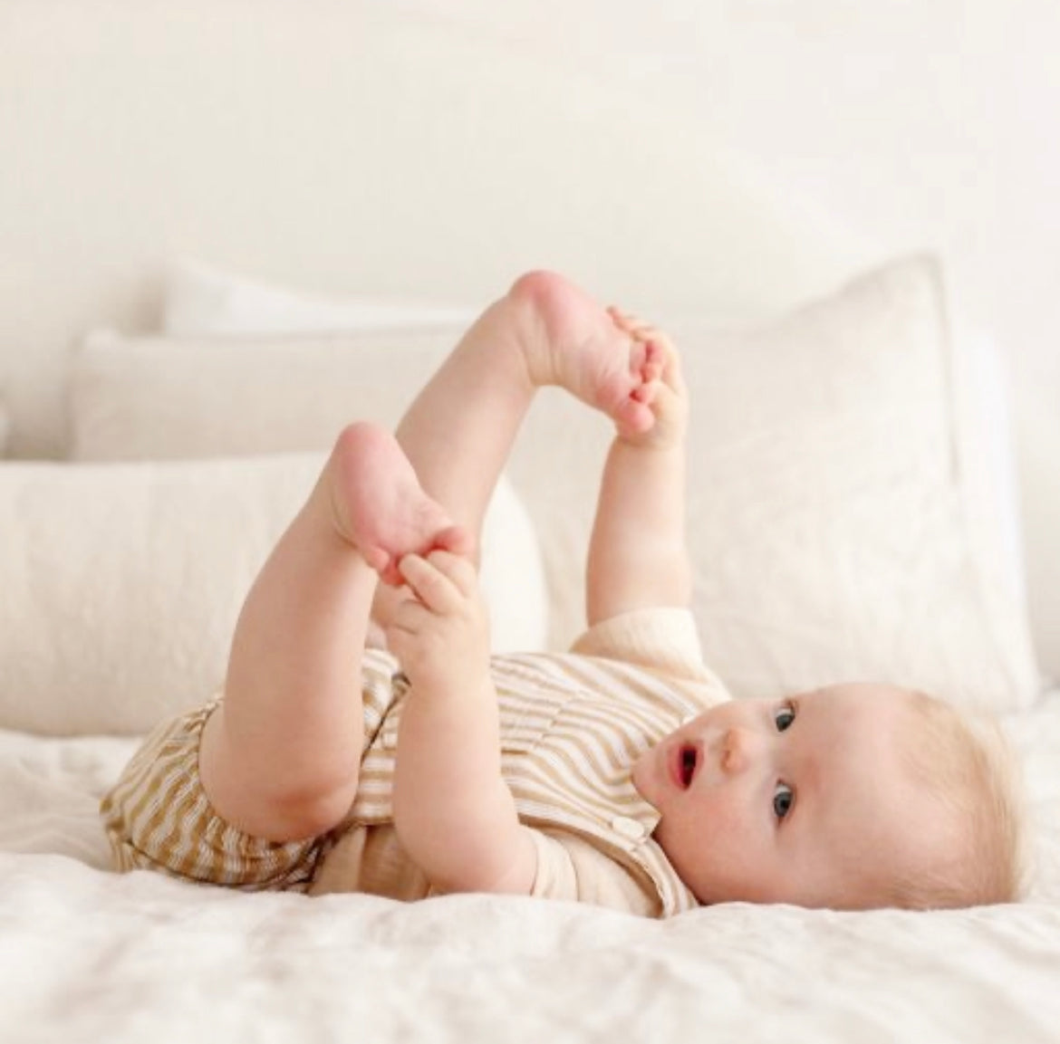 Cotton Pinafore Overalls - Wheat Stripe