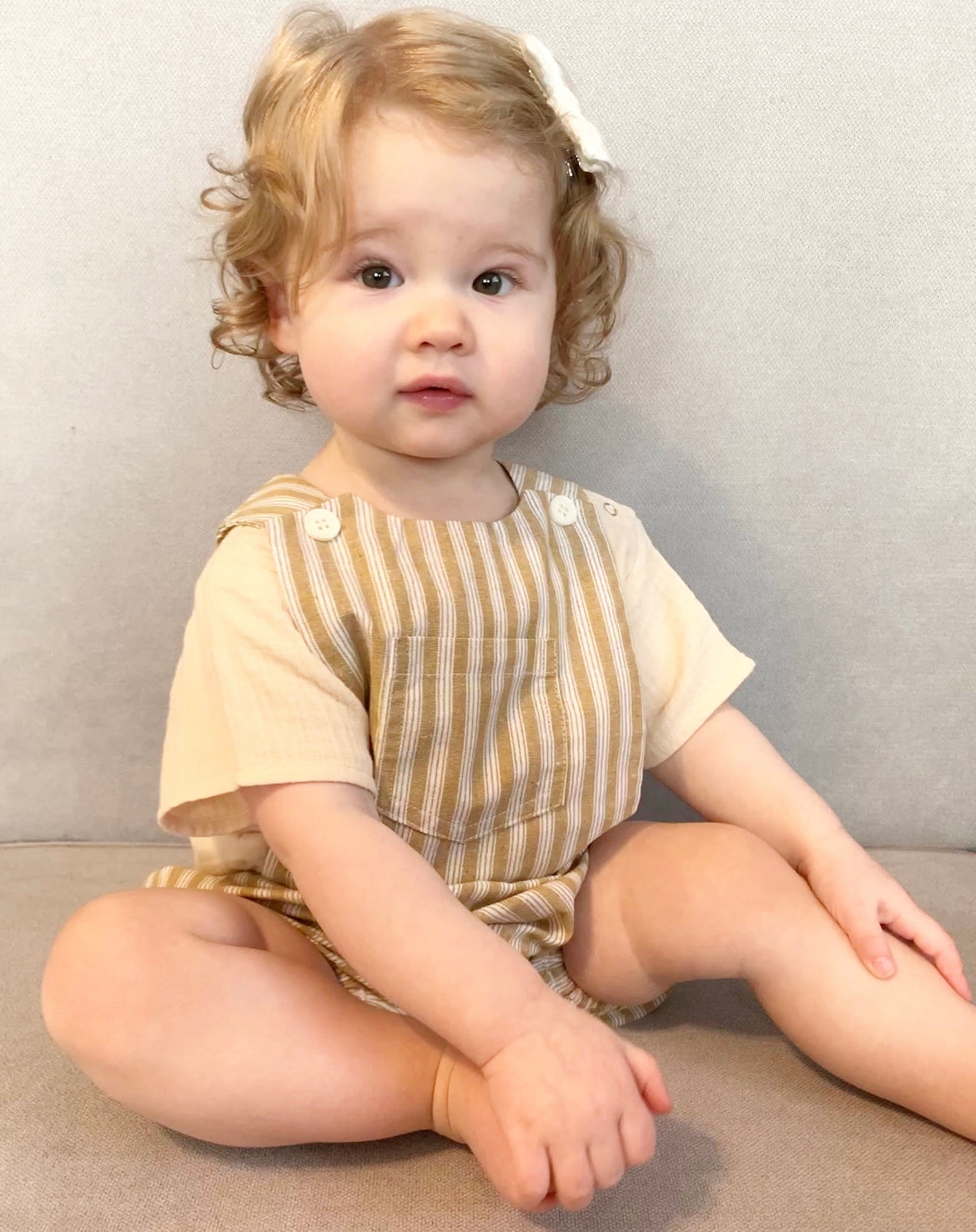 Cotton Pinafore Overalls - Wheat Stripe