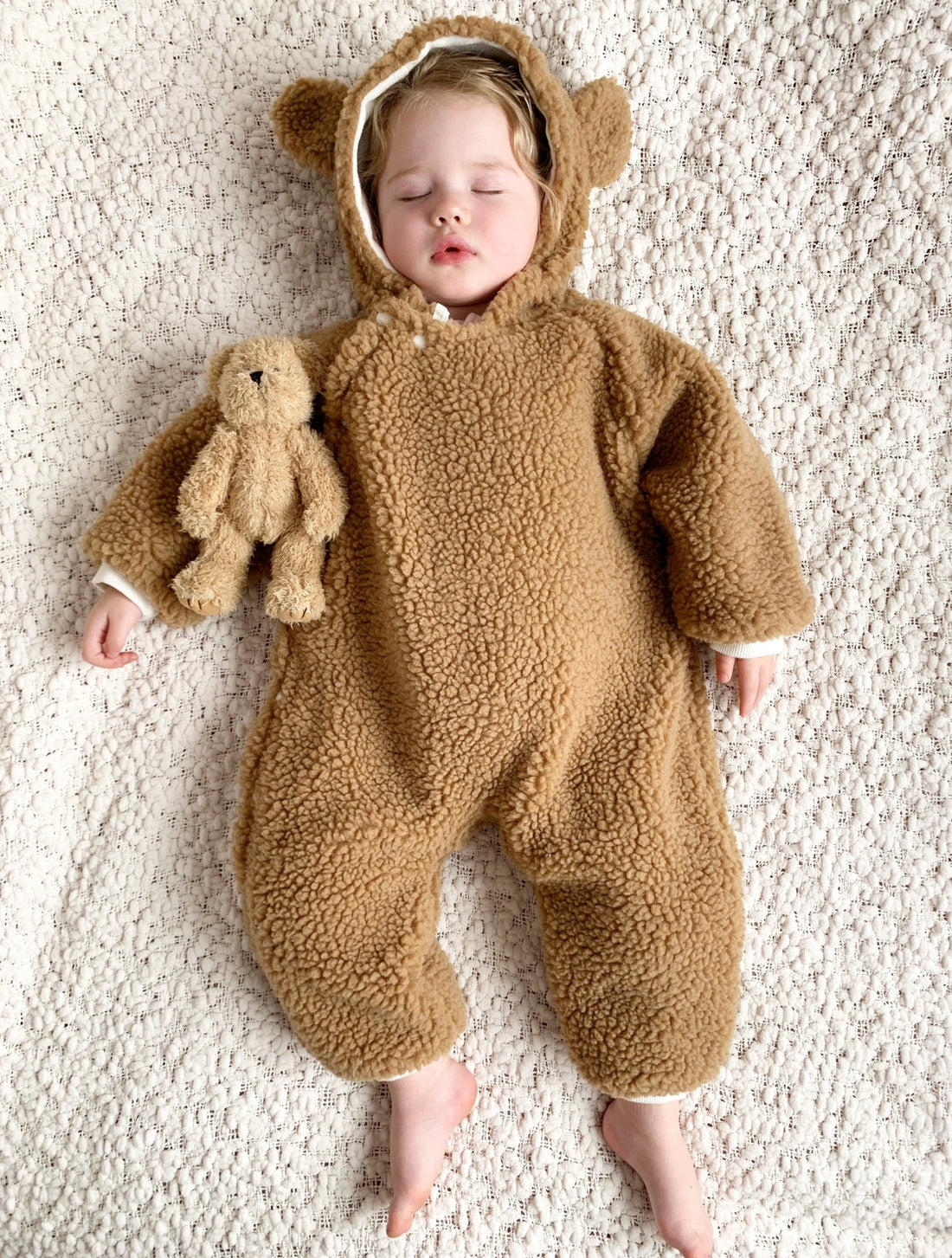 Teddy Bear Fluffy Button Baby Pramsuit - Crepe