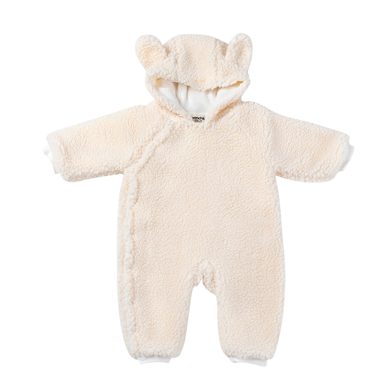 Teddy Bear Fluffy Button Baby Pramsuit - Buttermilk