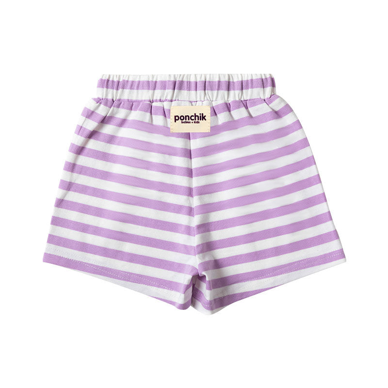 Boxey Cotton Shorts with Elastic Waist + Contrast Drawstring - Lavender Stripe