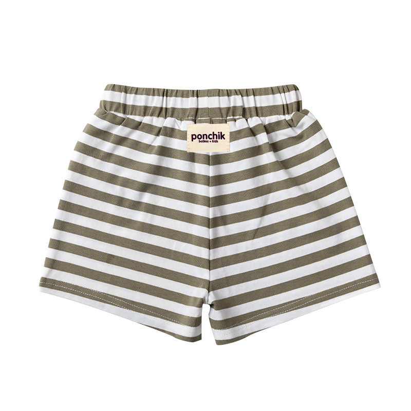 Boxey Cotton Shorts with Elastic Waist + Contrast Drawstring - Seaweed Stripe