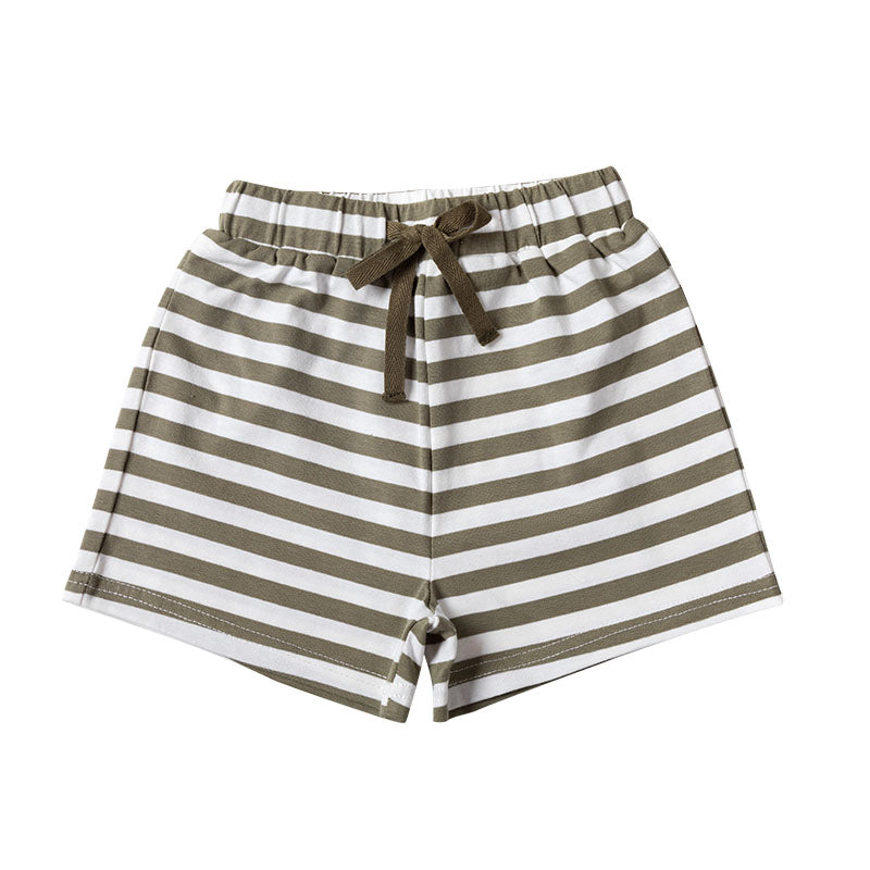 Boxey Cotton Shorts with Elastic Waist + Contrast Drawstring - Seaweed Stripe