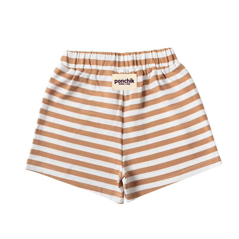 Boxey Cotton Shorts with Elastic Waist + Contrast Drawstring - Wheat Stripe