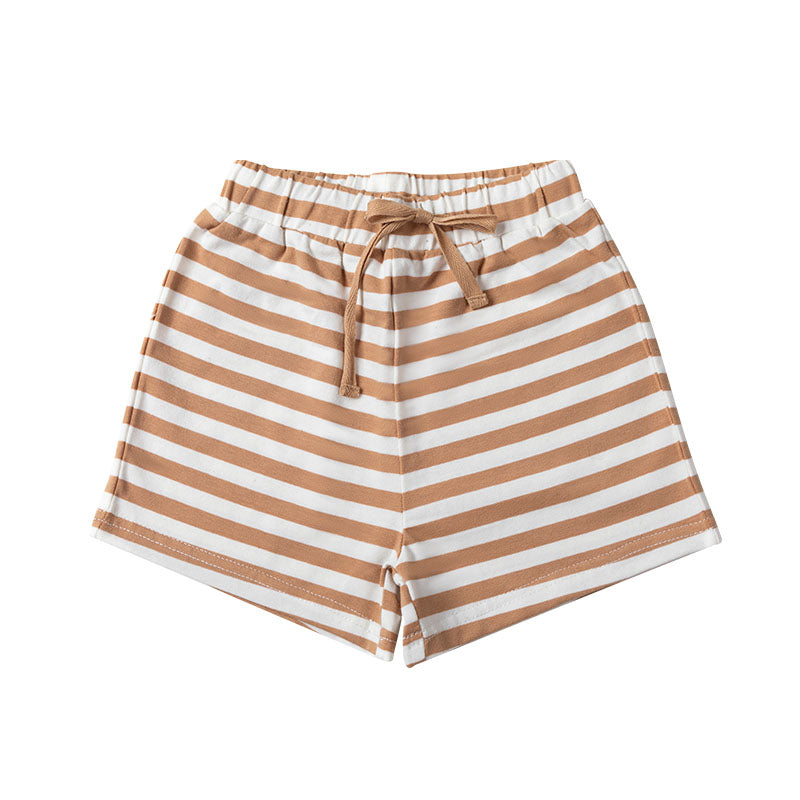 Boxey Cotton Shorts with Elastic Waist + Contrast Drawstring - Wheat Stripe