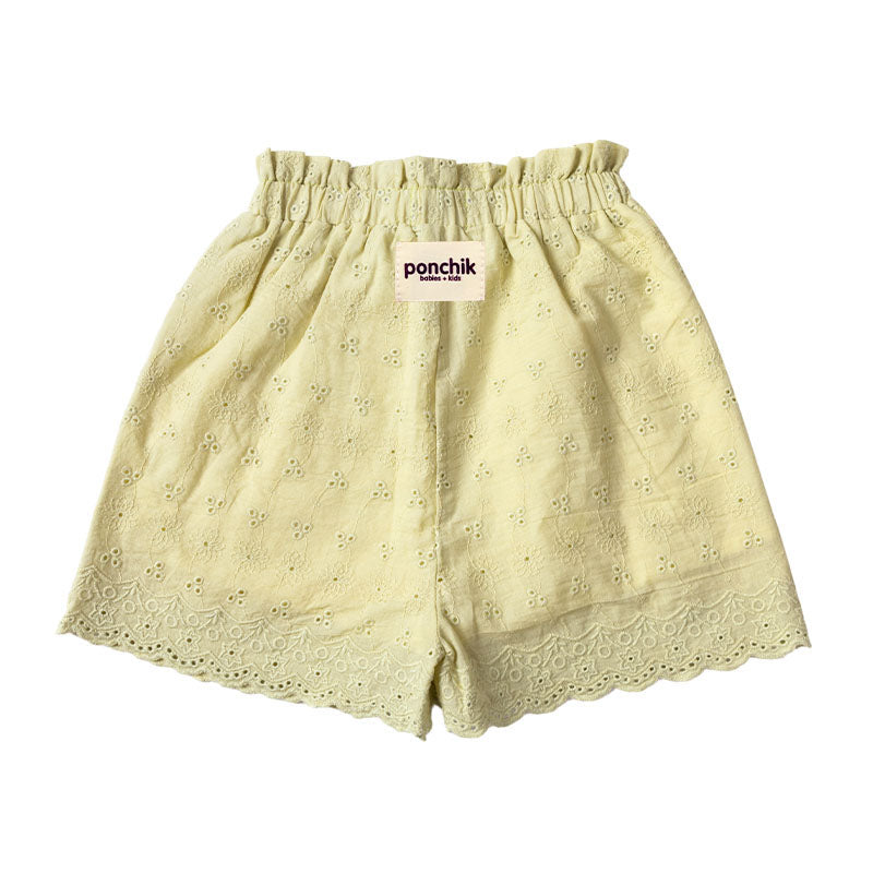 Broderie Anglaise Lace Shorts with Elastic Waist - Green Tea