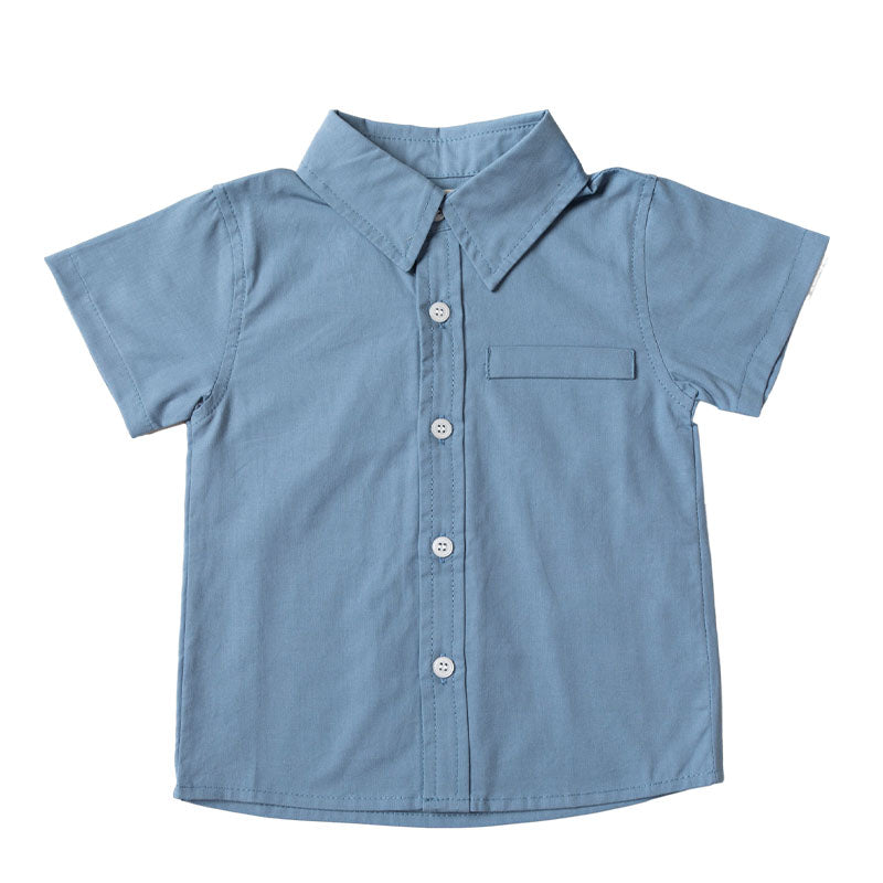 Button Down Collared Cotton Shirt with Pocket Detail - French Blue