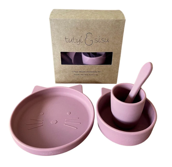 Cat Silicone Suction Dinner Wear Set 4 Piece - Dusty Rose