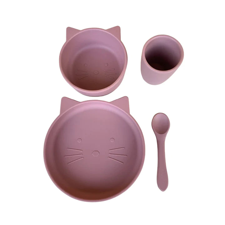 Cat Silicone Suction Dinner Wear Set 4 Piece - Dusty Rose