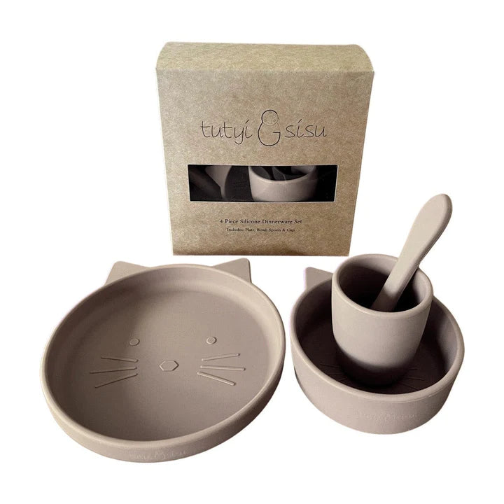 Cat Silicone Suction Dinner Wear Set 4 Piece - Sand
