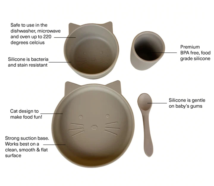 Cat Silicone Suction Dinner Wear Set 4 Piece - Sand
