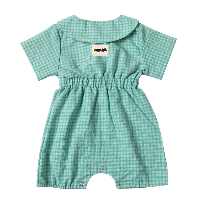 Collared Button Cotton Sleeved Romper - Apple Green Gingham