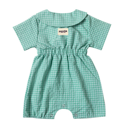 Collared Button Cotton Sleeved Romper - Apple Green Gingham