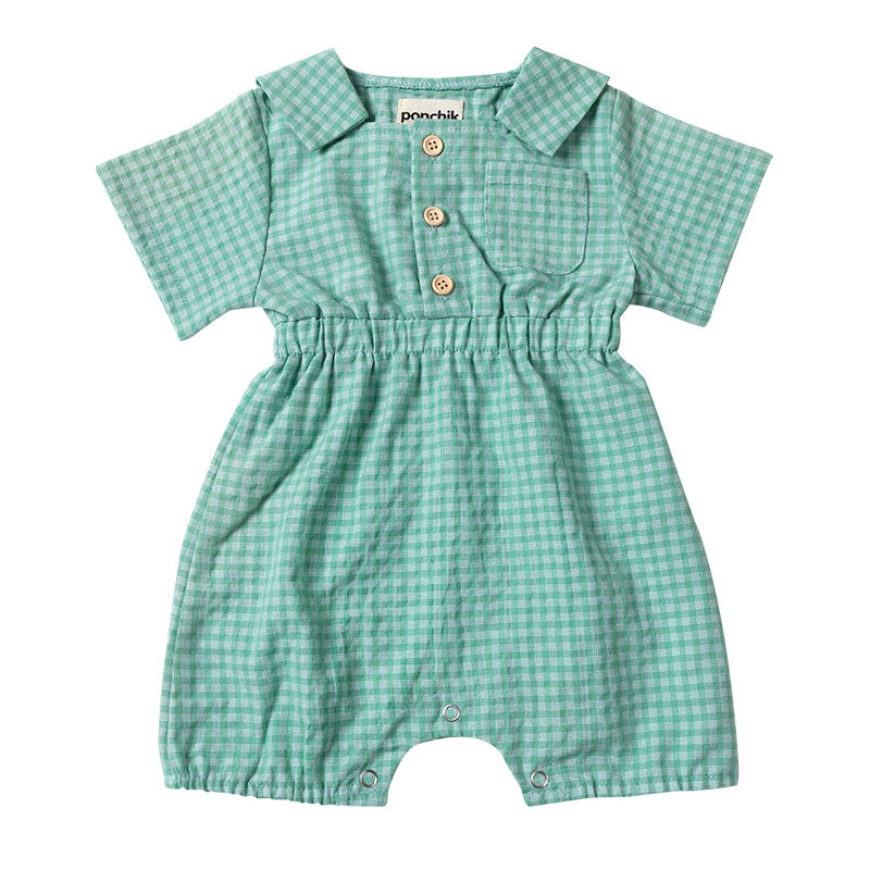 Collared Button Cotton Sleeved Romper - Apple Green Gingham