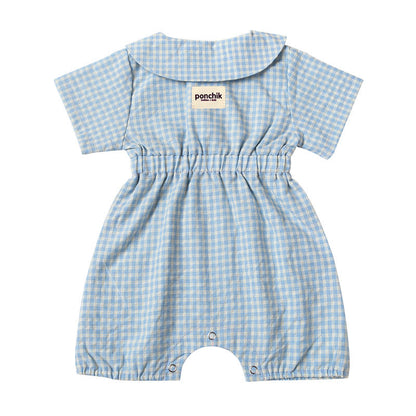 Collared Button Cotton Sleeved  Romper - Baby Blue Gingham