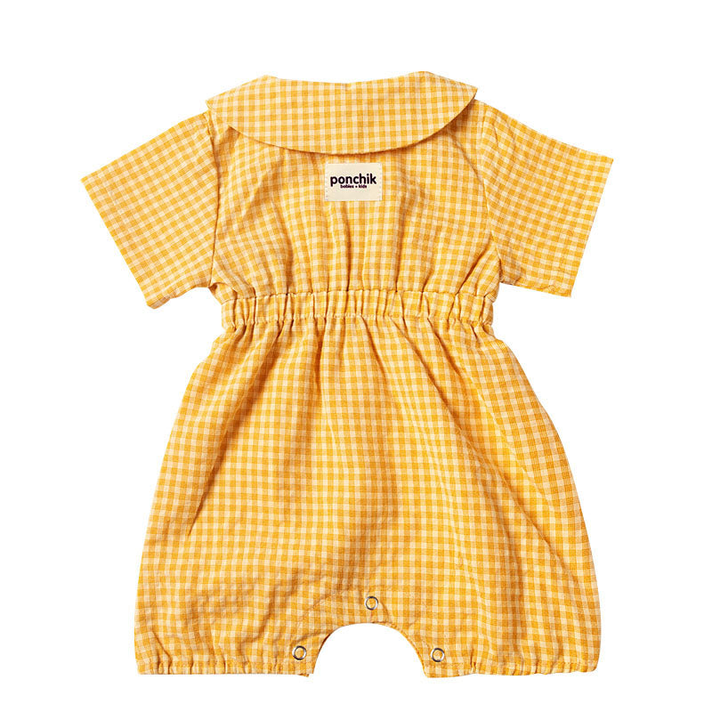 Collared Button Cotton Sleeved Romper - Mustard Gingham