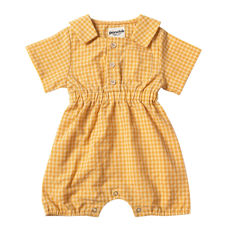 Collared Button Cotton Sleeved Romper - Mustard Gingham