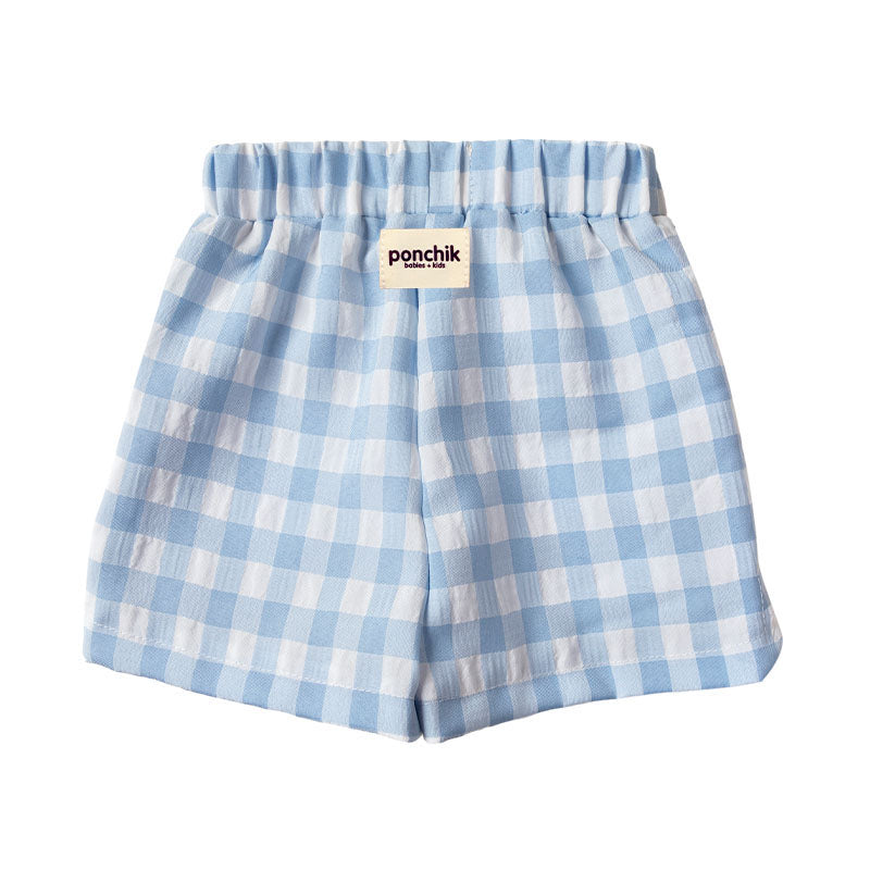 Cotton Shorts with Elastic Waist - Baby Blue Gingham