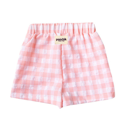 Cotton Shorts with Elastic Waist - Baby Pink Gingham