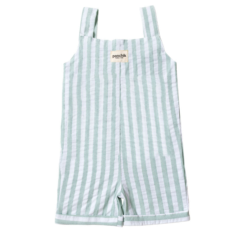 Dungaree Cotton Overalls with Large Front Pocket and Cuff - Jade Stripe