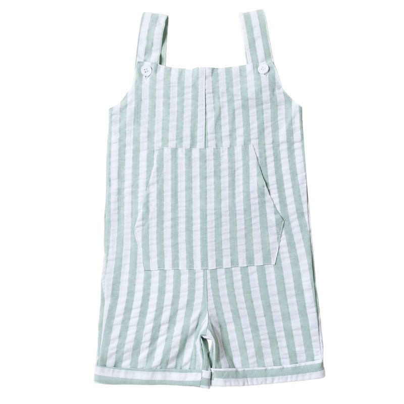 Dungaree Cotton Overalls with Large Front Pocket and Cuff - Jade Stripe