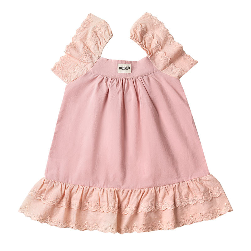 Frill Sleeve Cotton Full Skirt Dress - Dusty Pink Broderie Anglaise