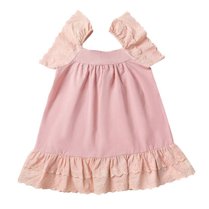 Frill Sleeve Cotton Full Skirt Dress - Dusty Pink Broderie Anglaise