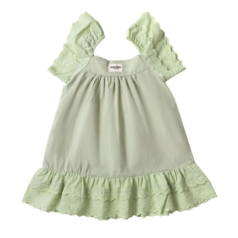 Frill Sleeve Cotton Full Skirt Dress - Green Tea Broderie Anglaise