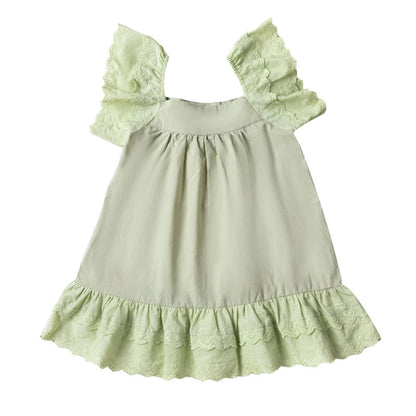 Frill Sleeve Cotton Full Skirt Dress - Green Tea Broderie Anglaise