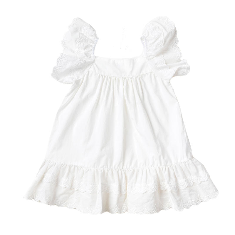 Frill Sleeve Cotton Full Skirt Dress - White Broderie Anglaise