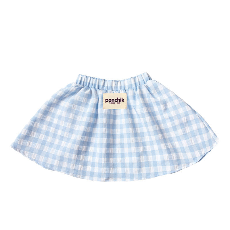 Full Skirt with Wide Elastic Waist Band - Baby Blue Gingham