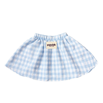 Full Skirt with Wide Elastic Waist Band - Baby Blue Gingham