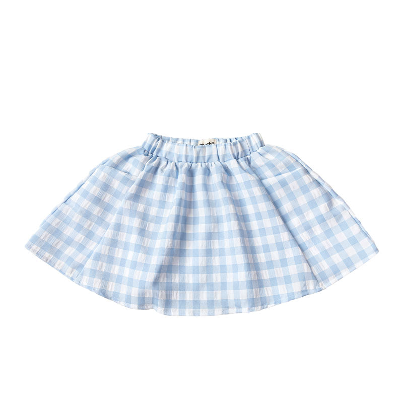 Full Skirt with Wide Elastic Waist Band - Baby Blue Gingham