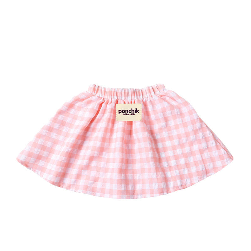 Full Skirt with Wide Elastic Waist Band - Baby Pink Gingham