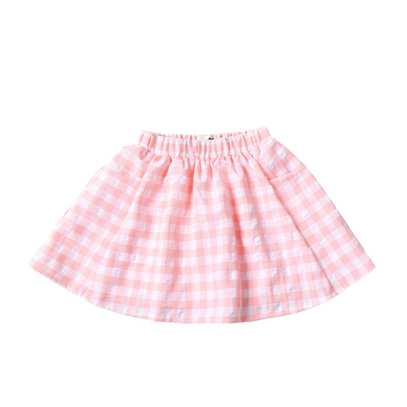 Full Skirt with Wide Elastic Waist Band - Baby Pink Gingham