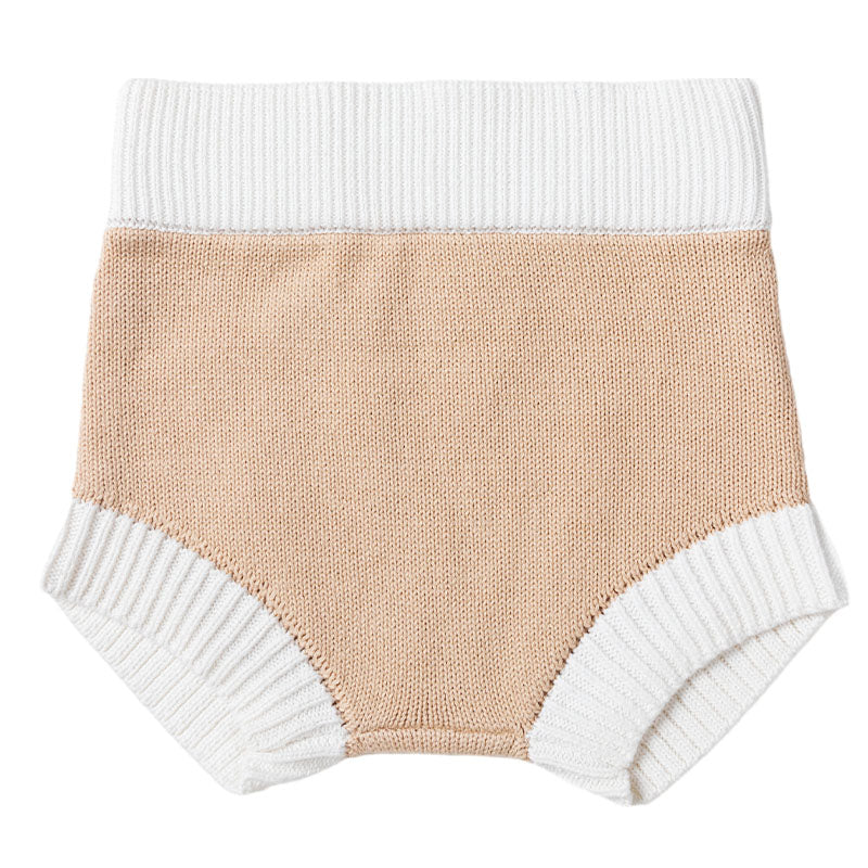 Knit Bloomer Shorties with Contrast Rib - Wheat + White Trim