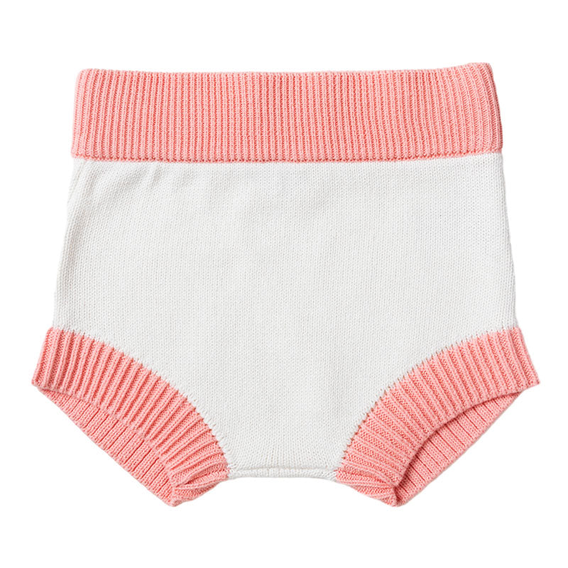 Knit Bloomer Shorties with Contrast Rib - White + Dusty Pink Trim