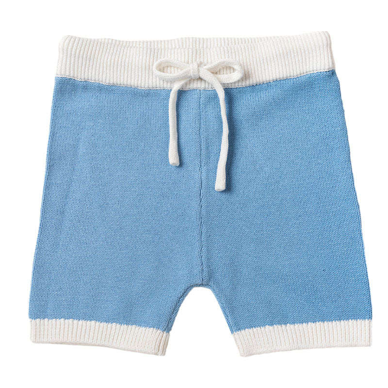 Knit Shorts with Contrast Rib - Baby Blue + White Trim